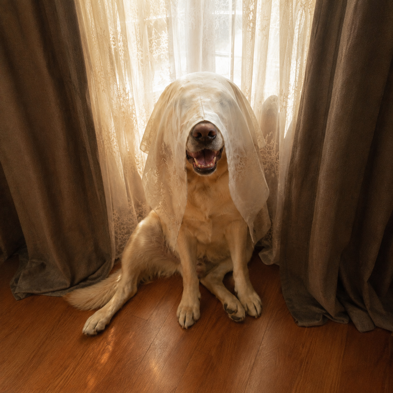 Incoginu, a smiling golden dog hiding beneath a sheer curtain